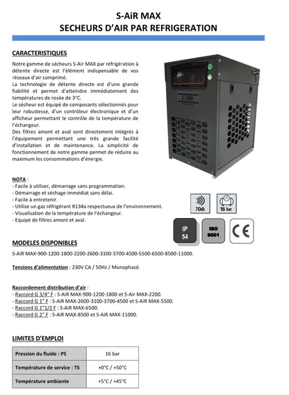 Sécheur d'air comprimé par réfrigération – NUAIR – MAX 900 – 1/2" – 54 m3/h – Garantie 2 ans