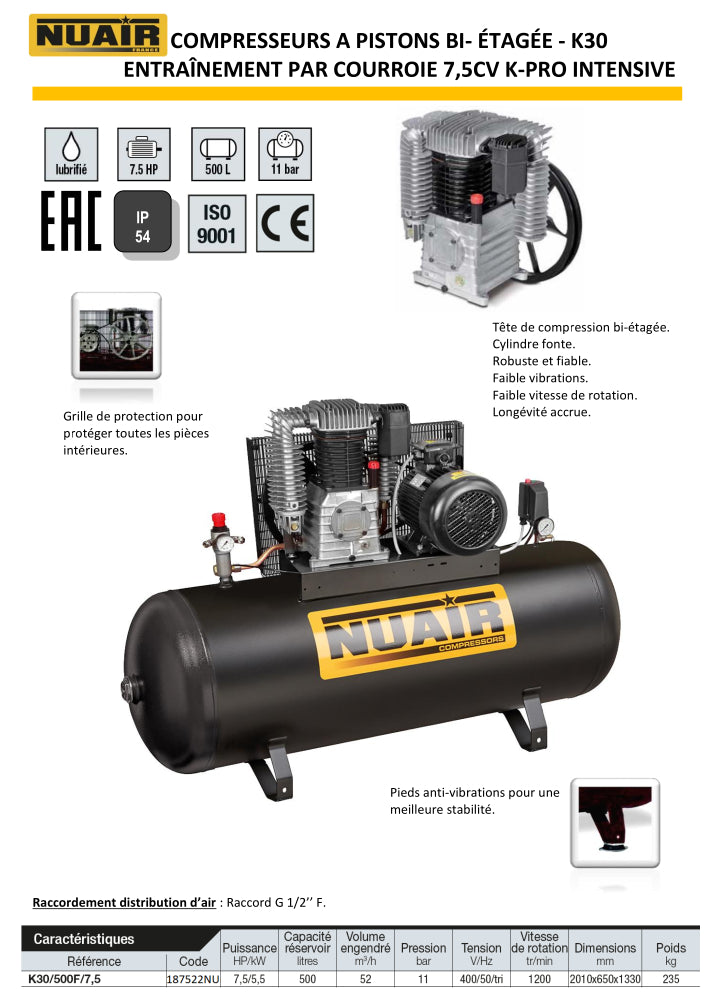 Compresseur à piston NUAIR – 7,5 CV – 500 L – 400 V
