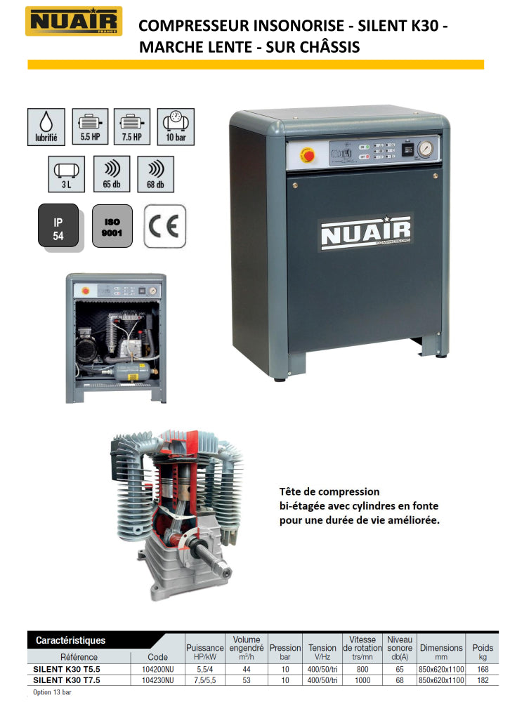 Compresseur à piston INSONORISE NUAIR A MARCHE LENTE + Cuve 500L GARANTIE 2 ANS