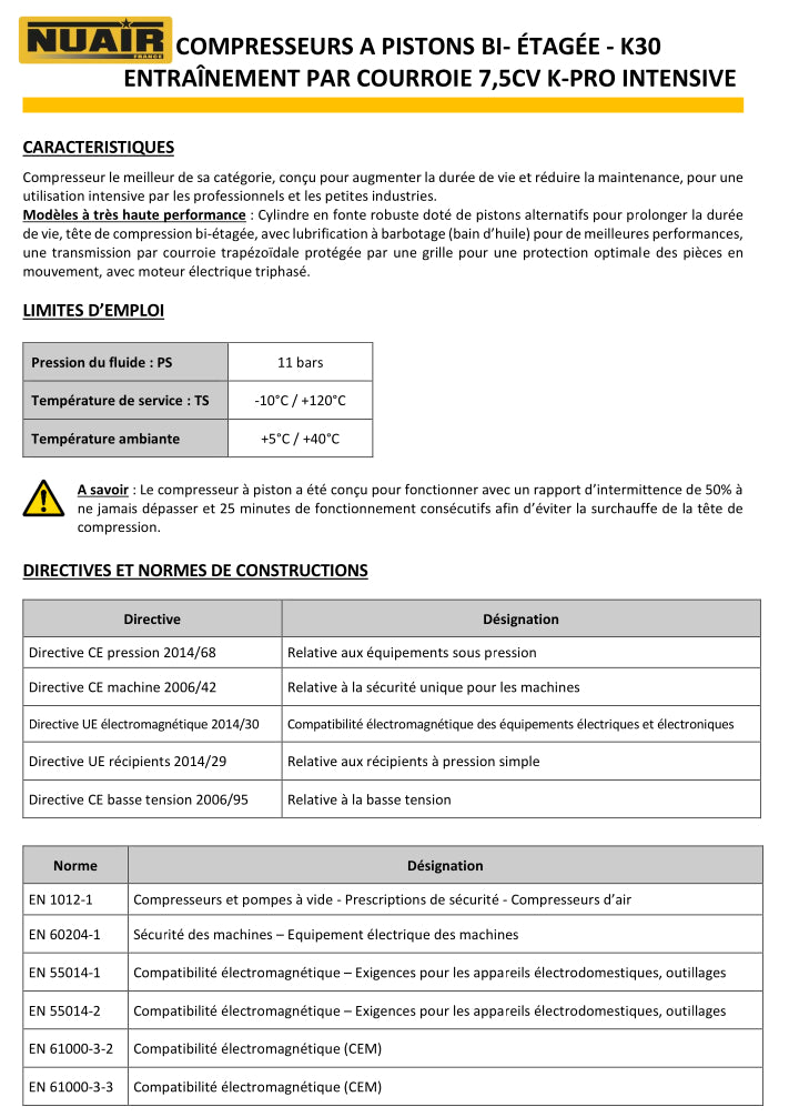 Compresseur à piston NUAIR – 7,5 CV – 500 L – 400 V