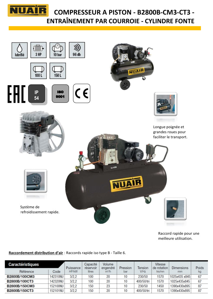 Compresseur à piston NUAIR – 3 CV – 150 litres – 230 V
