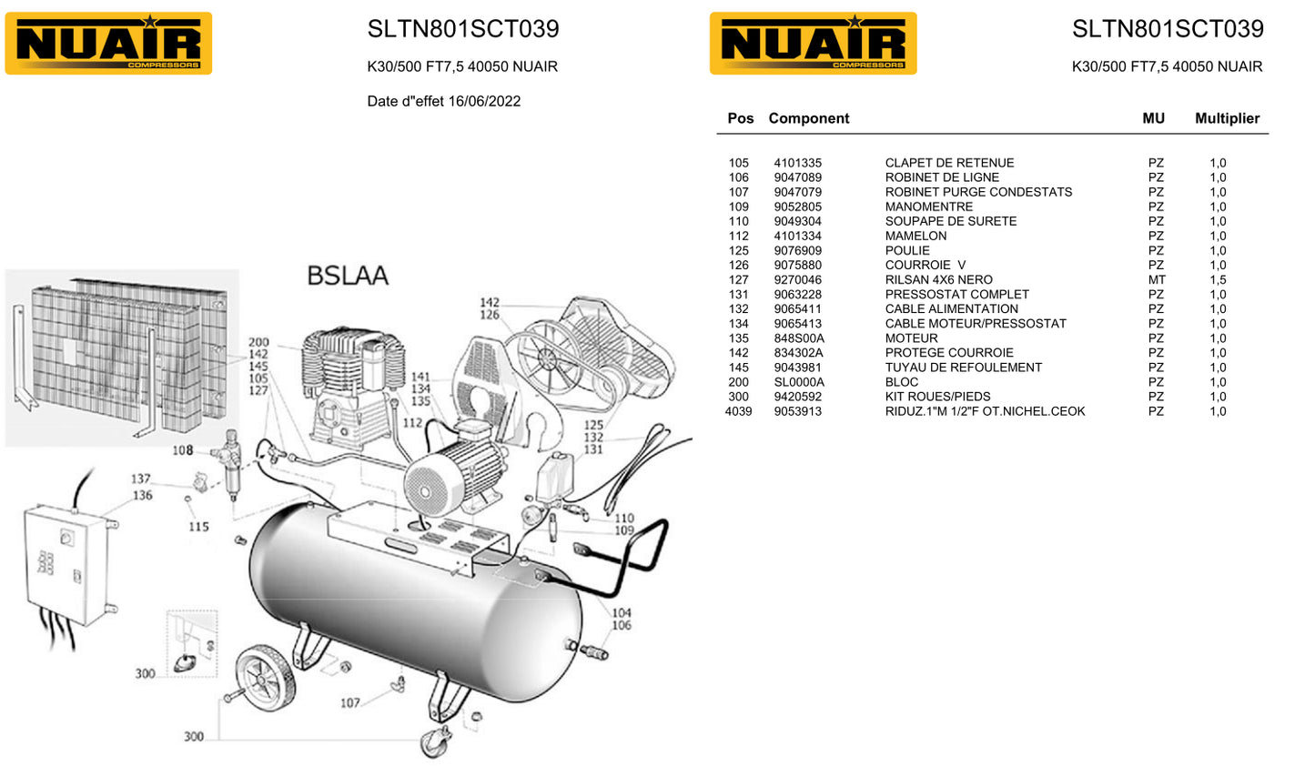 Compresseur à piston NUAIR – 7,5 CV – 500 L – 400 V