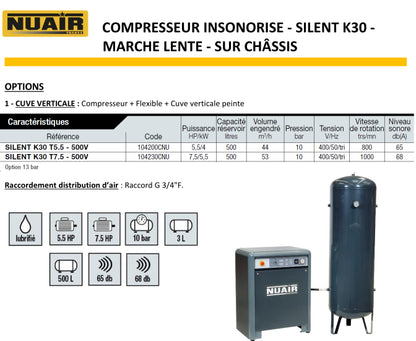 Compresseur à piston INSONORISE NUAIR A MARCHE LENTE + Cuve 500L GARANTIE 2 ANS