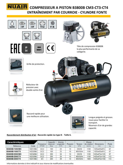 Compresseur NUAIR – à piston – bicylindres en V – 3 CV – 200 litres – 230v – entrainement par courroie