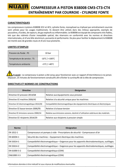Compresseur NUAIR – à piston – bicylindres en V – 3 CV – 200 litres – 230v – entrainement par courroie